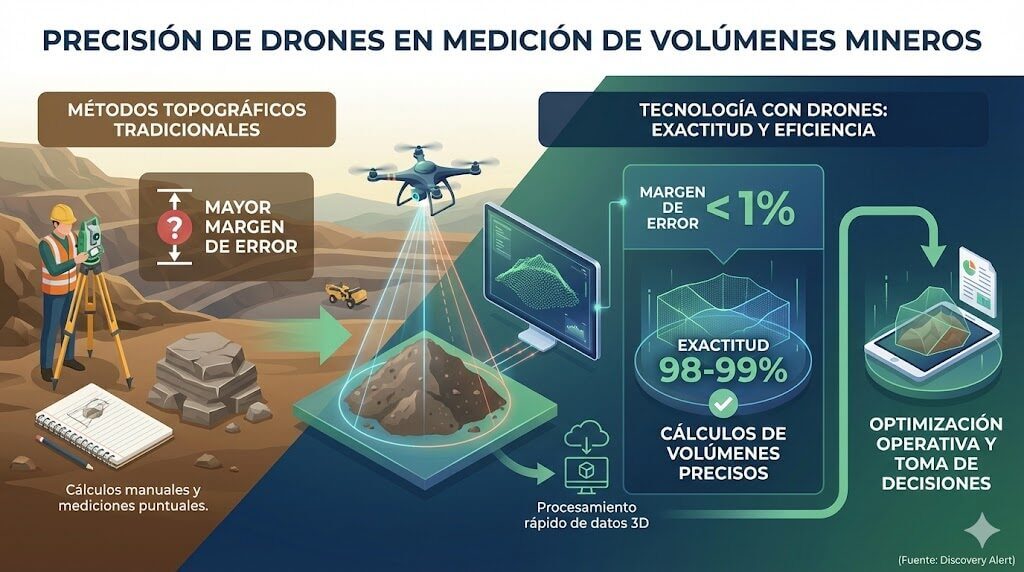Infografía comparativa sobre drones en mineria: medición de volúmenes con margen de error menor al 1% y exactitud de 98–99%, frente a métodos topográficos tradicionales con mayor error.