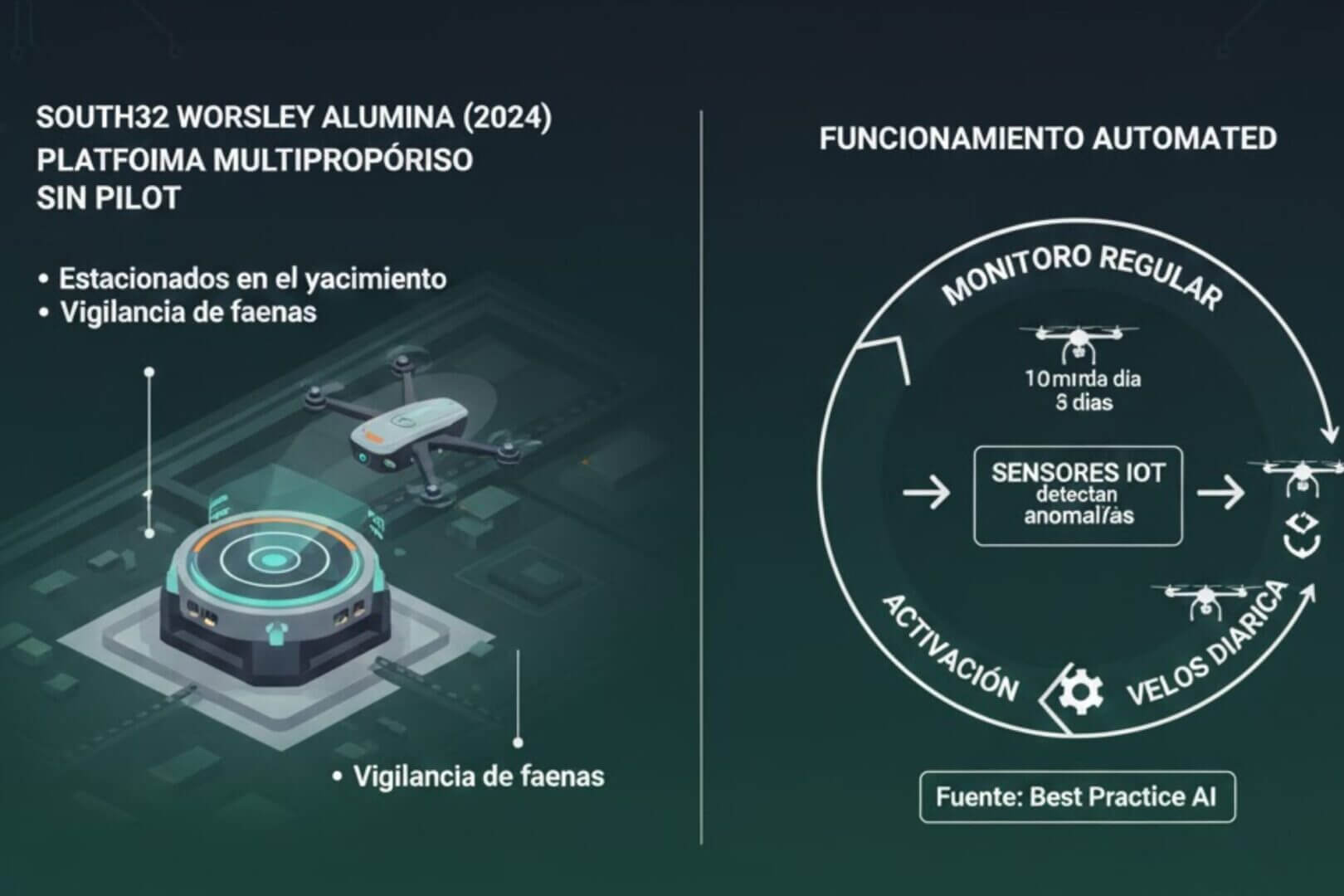 Esquema de dron autónomo con estación base y ciclo de vuelos automáticos; uso de drones en mineria para vigilancia de faenas y respuesta a alertas IoT.