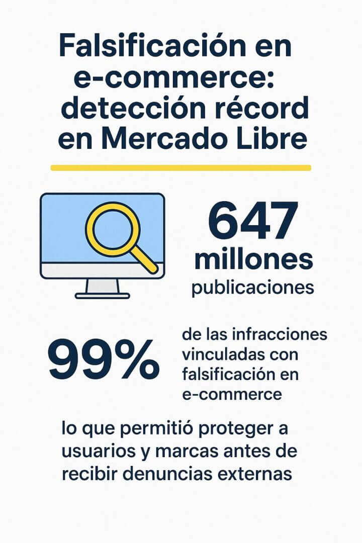 Infografía que muestra cómo Mercado Libre detectó proactivamente el 99% de las infracciones por falsificación en e-commerce durante los primeros seis meses de 2025, analizando 647 millones de publicaciones y protegiendo a usuarios y marcas.