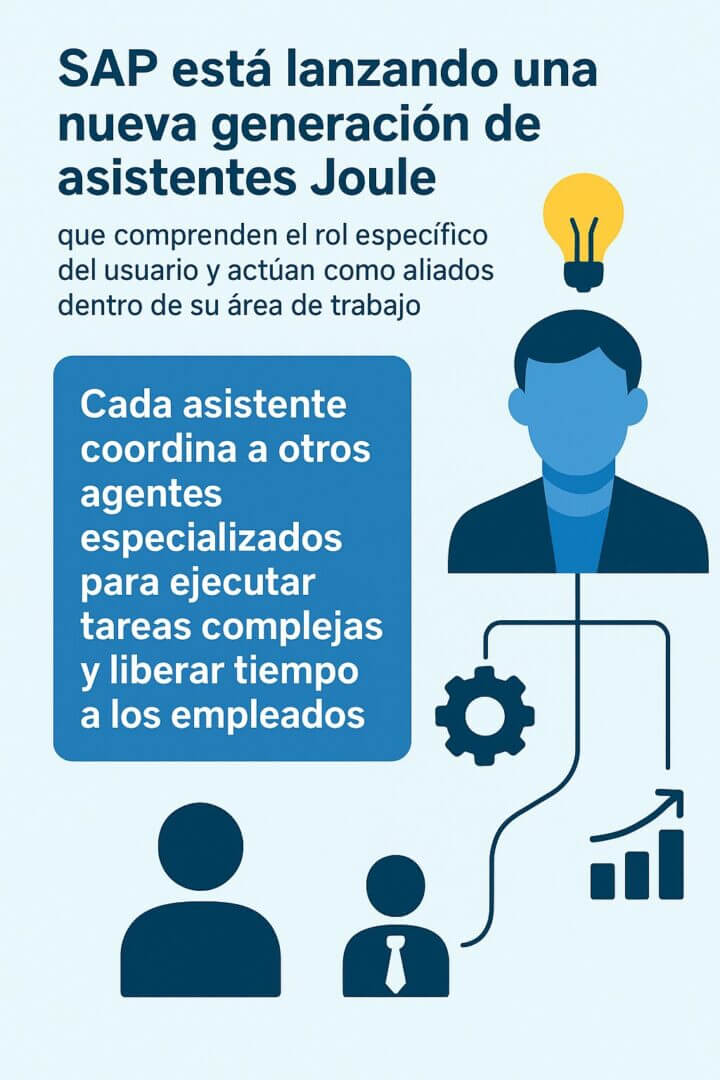 Infografía que muestra la nueva generación de asistentes Joule de SAP, con íconos de usuarios, engranajes y flechas que ilustran cómo coordinan agentes especializados para resolver tareas complejas y ahorrar tiempo a los empleados.