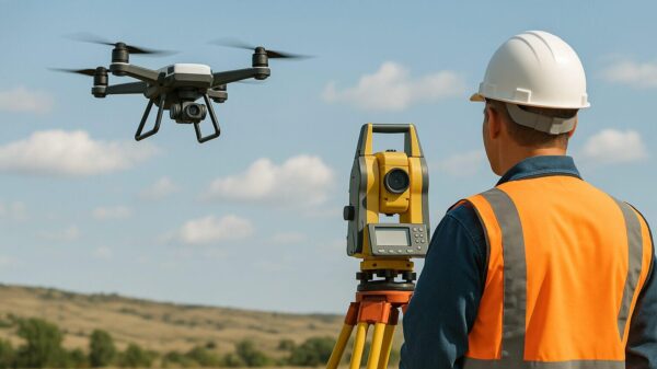 Topógrafo con chaleco y casco junto a una estación total, con un dron en vuelo sobre el terreno; drones en topografia para cartografía e inspección de obra.