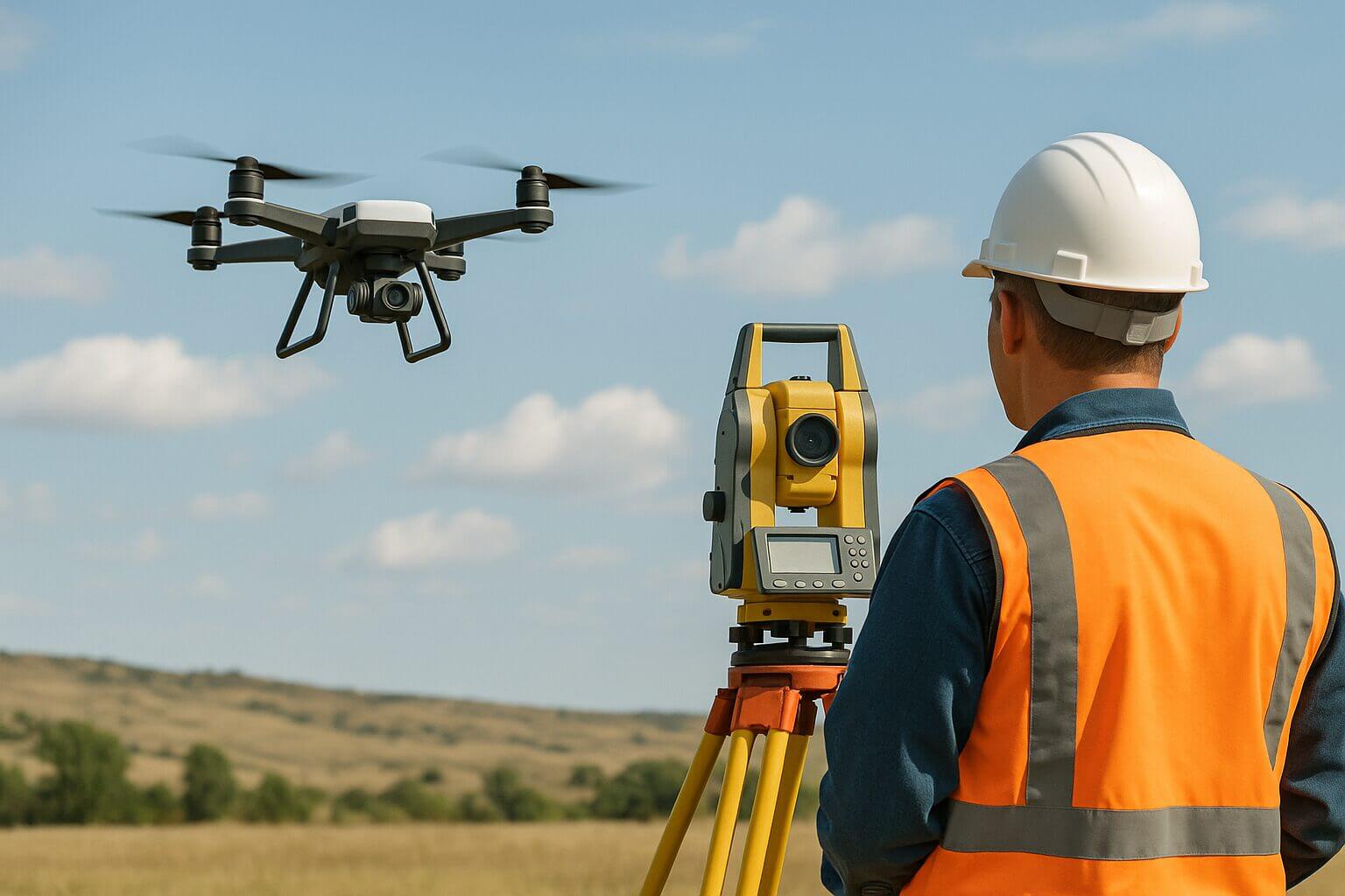 Topógrafo con chaleco y casco junto a una estación total, con un dron en vuelo sobre el terreno; drones en topografia para cartografía e inspección de obra.