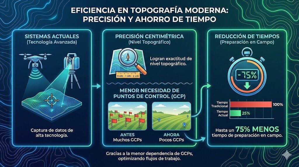 Infografía sobre drones en topografia: captura de datos avanzada, precisión centimétrica, menos puntos de control (GCP) y 75% menos tiempo de preparación en campo.