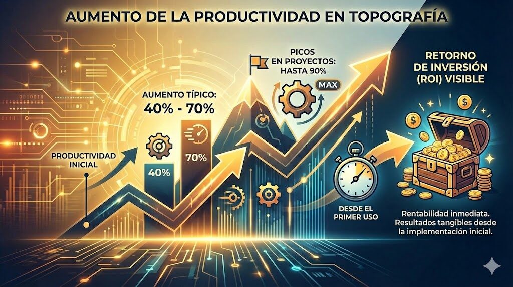 Infografía de crecimiento con flechas y engranajes que muestra aumento de productividad del 40% al 70% y picos hasta 90%, con retorno de inversión visible; drones en topografia como motor del cambio.
