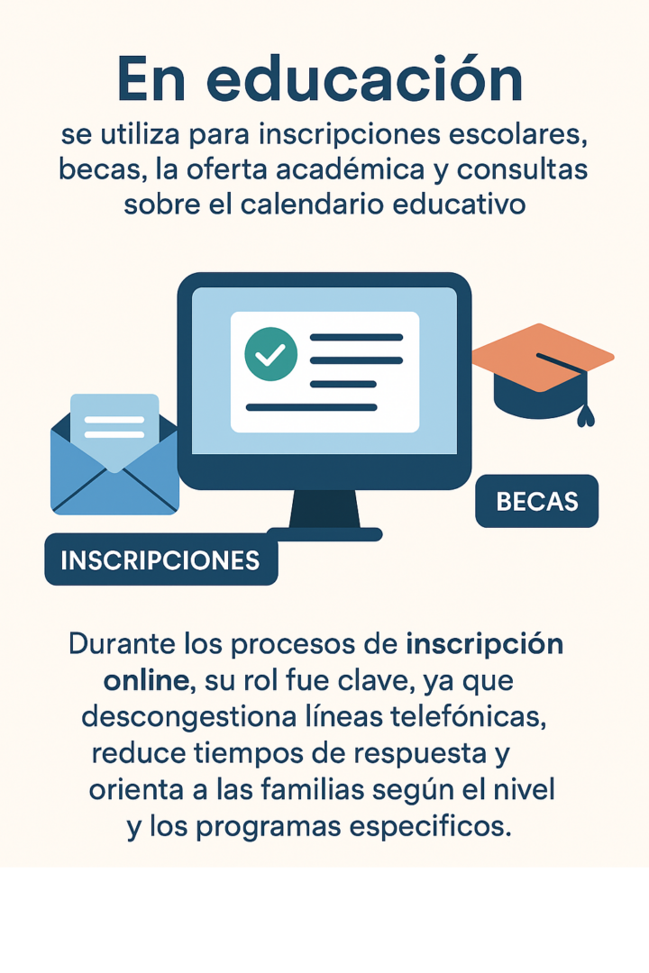 Infografía que muestra el uso de herramientas digitales en educación para inscripciones, becas, oferta académica y calendario escolar, destacando su aporte para reducir tiempos de respuesta y orientar a las familias durante los procesos online.