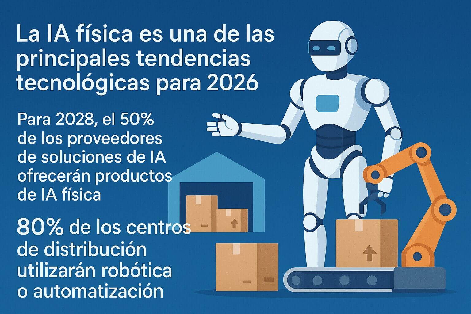 Ilustración de robot humanoide y brazo robótico en almacén con cajas, junto a texto que destaca la IA física como una de las tendencias tecnológicas para 2026.