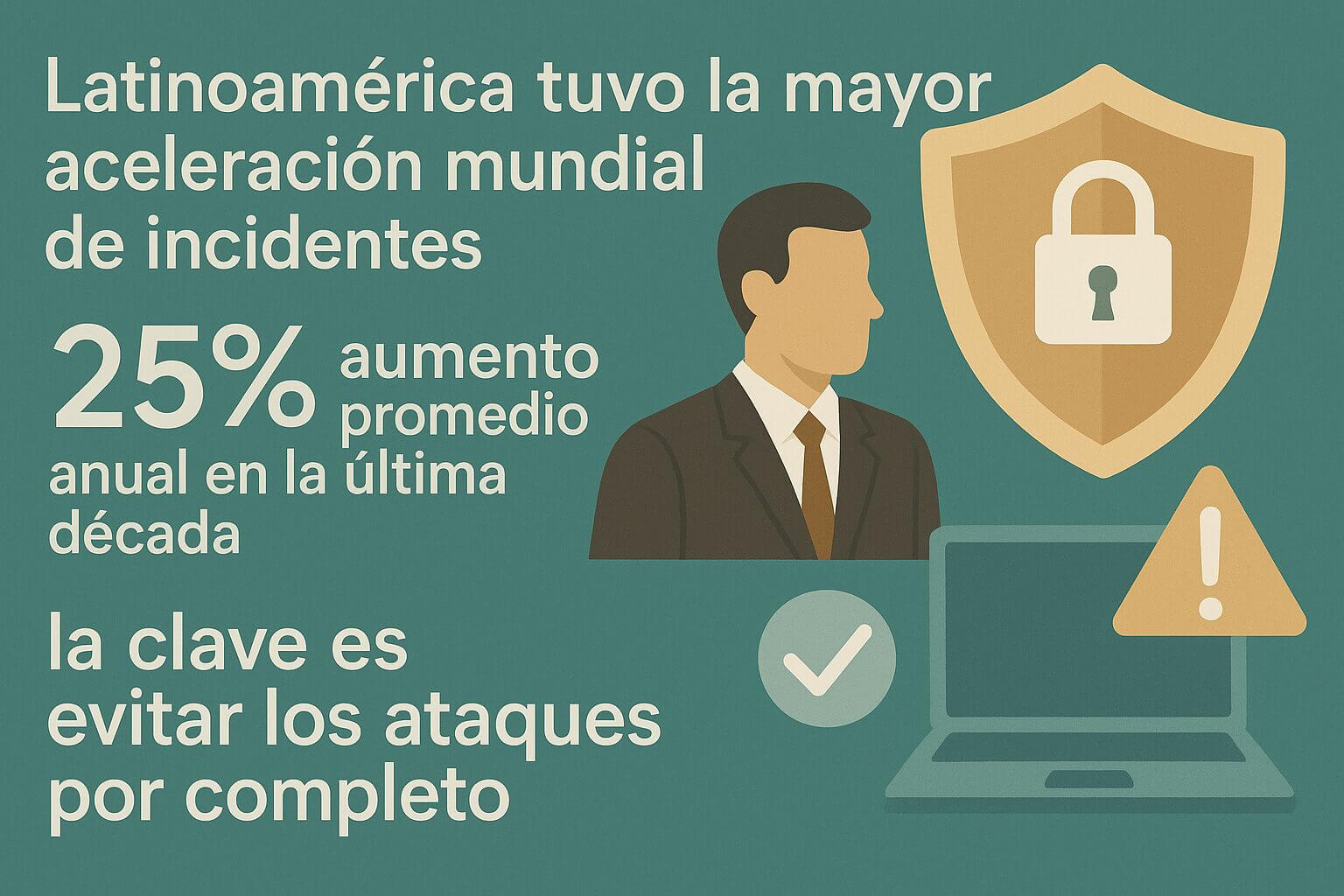 Ilustración sobre ciberseguridad con un profesional, un escudo con candado y un portátil con alerta, vinculada a las tendencias tecnológicas para 2026.