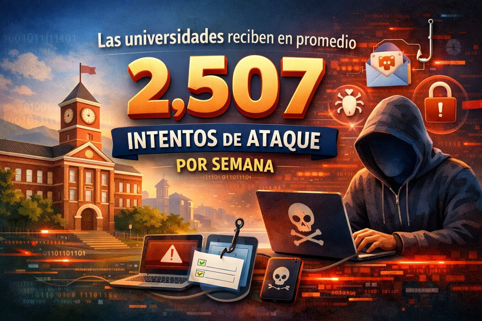 Gráfico visual que muestra que las universidades reciben un promedio de 2,507 intentos de ataque por semana, destacando la importancia de la ciberseguridad en plataformas educativas.