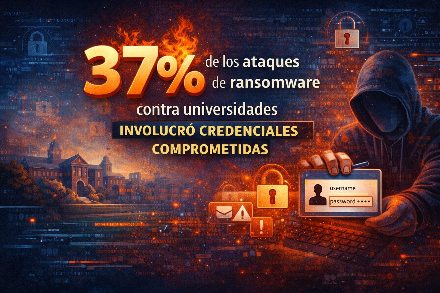 Infografía que muestra que el 37% de los ataques de ransomware contra universidades fueron posibles debido a credenciales comprometidas, resaltando el riesgo de contraseñas débiles.