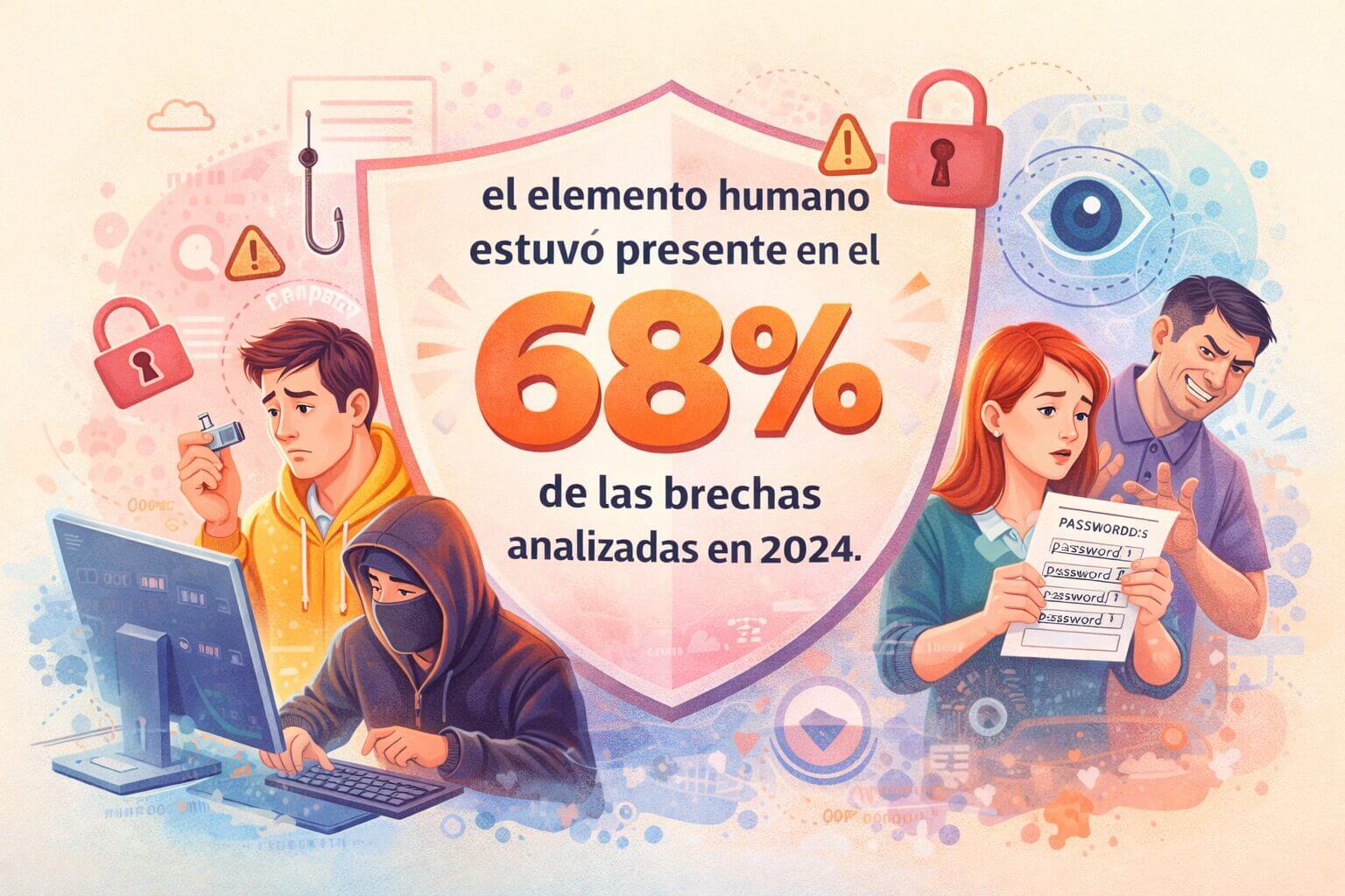 Infografía que muestra que el 68% de las brechas de ciberseguridad en 2024 estuvieron relacionadas con errores humanos, como contraseñas débiles y phishing.