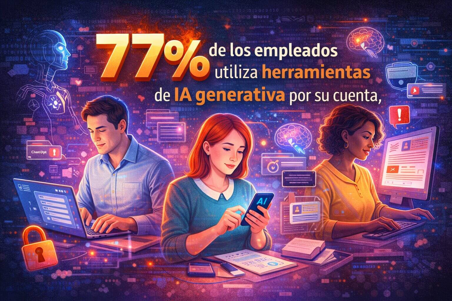 Gráfico que muestra que el 77% de los empleados utiliza herramientas de IA generativa de manera independiente, destacando los riesgos y la necesidad de políticas de uso responsable.