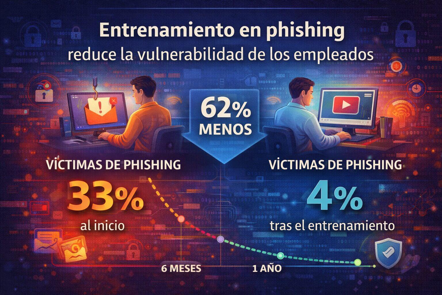 Infografía que muestra cómo el entrenamiento en phishing reduce la tasa de víctimas de phishing de un 33% a un 4% en un año, destacando la efectividad de la capacitación continua.