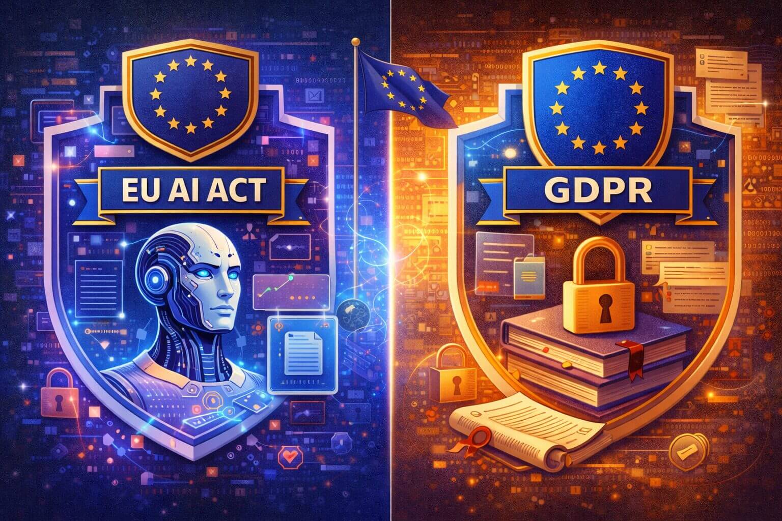 Infografía comparativa de la EU AI Act y el GDPR, dos regulaciones de la Unión Europea para la protección de datos y el uso ético de la inteligencia artificial.