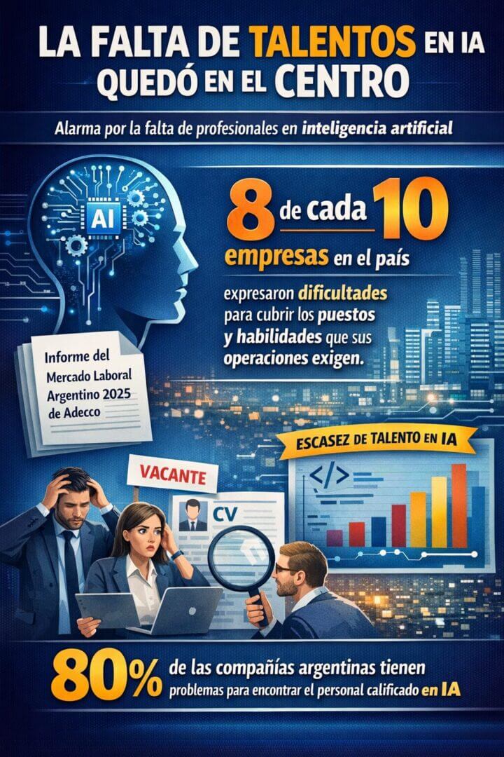 Infografía sobre la falta de talentos en inteligencia artificial en Argentina, con el dato de que el 80% de las empresas tiene problemas para cubrir puestos y habilidades requeridas, según el Informe del Mercado Laboral Argentino 2025 de Adecco.