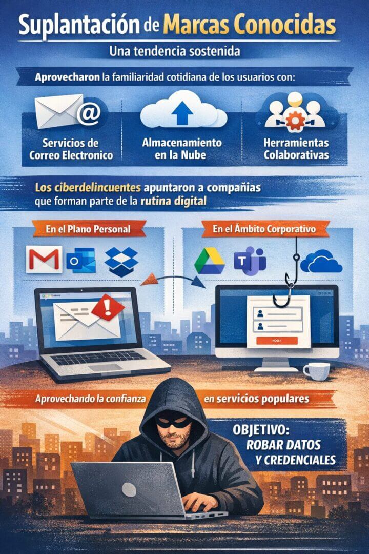 Infografía sobre suplantación de marcas conocidas que muestra cómo los ataques se basan en el uso cotidiano de correos electrónicos, almacenamiento en la nube y herramientas colaborativas, con foco en el robo de datos y credenciales en entornos personales y corporativos.