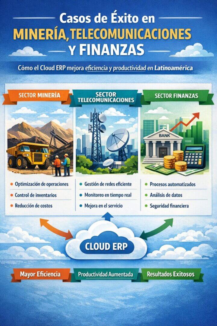 Infografía sobre Cloud ERP en Latinoamérica que presenta casos de éxito en minería, telecomunicaciones y finanzas, destacando mejoras en eficiencia, productividad, control de operaciones y toma de decisiones basada en datos.