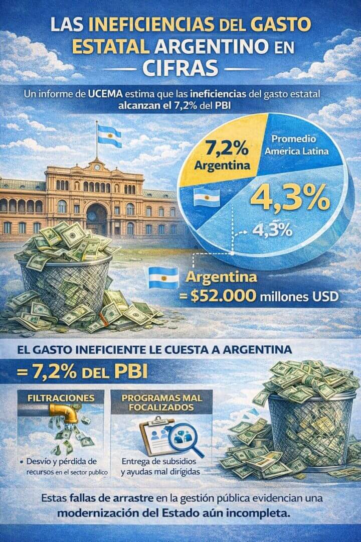 Infografía sobre las ineficiencias del gasto estatal en Argentina basada en un informe de la Universidad del CEMA, que muestra que alcanzan el 7,2% del PBI frente al 4,3% del promedio de América Latina, con pérdidas asociadas a filtraciones y a programas sociales mal focalizados que suman 1,9 puntos del PBI.