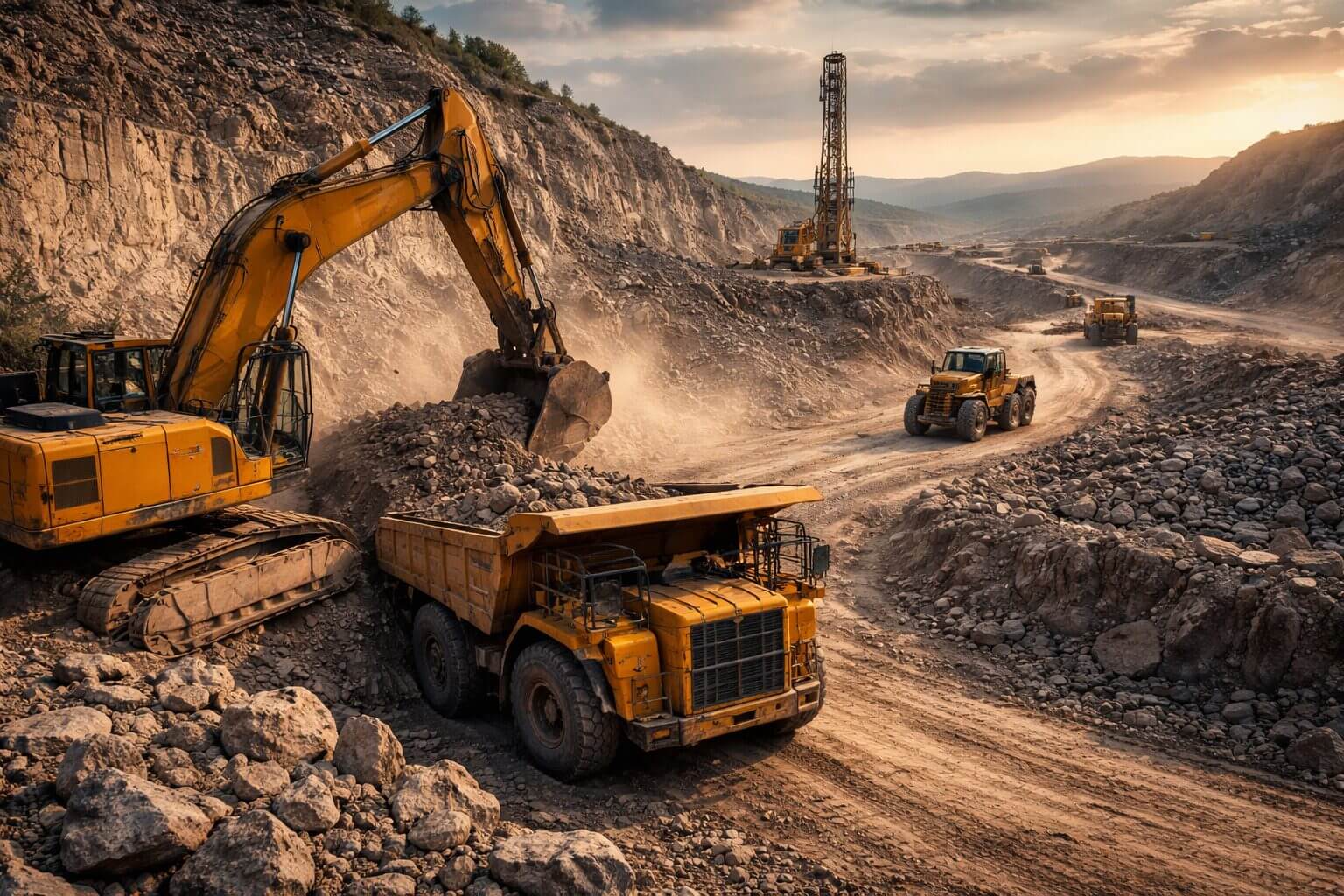 Operativo minero al atardecer