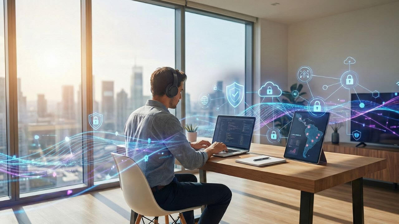 Empleado trabajando en un entorno híbrido con dispositivos conectados y visualización de iconos de seguridad y redes digitales en una oficina moderna.
