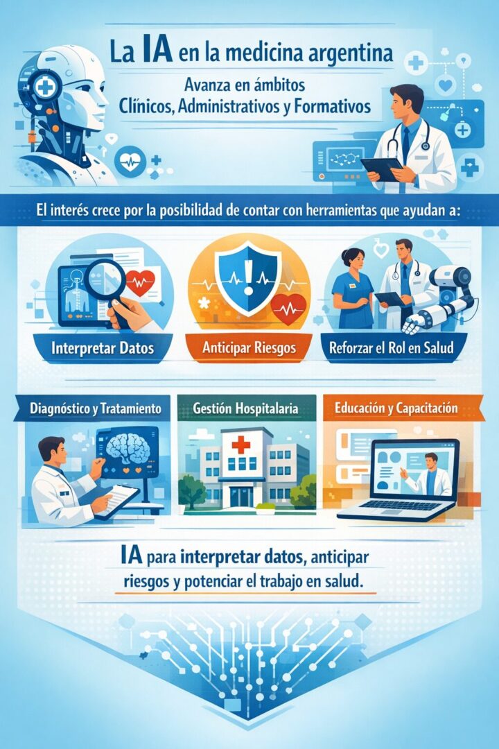 Infografía sobre el avance de la inteligencia artificial en la medicina argentina, con aplicaciones en ámbitos clínicos, administrativos y formativos, enfocadas en el análisis de datos, la anticipación de riesgos y el fortalecimiento del rol de los profesionales de la salud.