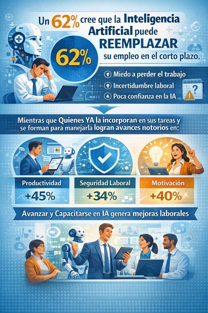 Infografía que muestra que un 62% de las personas cree que la inteligencia artificial puede reemplazar su empleo en el corto plazo y contrasta ese temor con los avances en productividad, seguridad laboral y motivación de quienes ya utilizan y aprenden a usar IA en su trabajo.