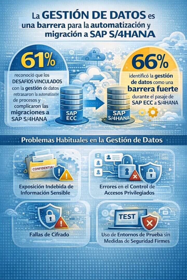 Infografía sobre los desafíos de la gestión de datos en la migración a SAP S/4HANA, que muestra que el 61% de los clientes SAP sufrió demoras en la automatización y el 66% identificó esta problemática como una barrera fuerte, junto con riesgos como exposición de datos sensibles, errores en accesos privilegiados, fallas de cifrado y entornos de prueba inseguros.