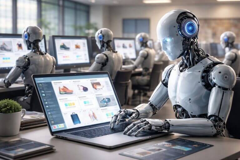 Robots humanoides analizan catálogos de productos en laptops dentro de una oficina de ecommerce, como agentes de ia en ecommerce que evalúan precios y disponibilidad.
