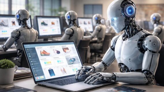 Robots humanoides analizan catálogos de productos en laptops dentro de una oficina de ecommerce, como agentes de ia en ecommerce que evalúan precios y disponibilidad.