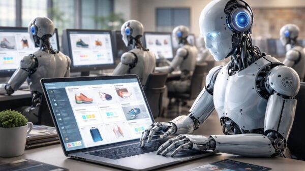 Robots humanoides analizan catálogos de productos en laptops dentro de una oficina de ecommerce, como agentes de ia en ecommerce que evalúan precios y disponibilidad.