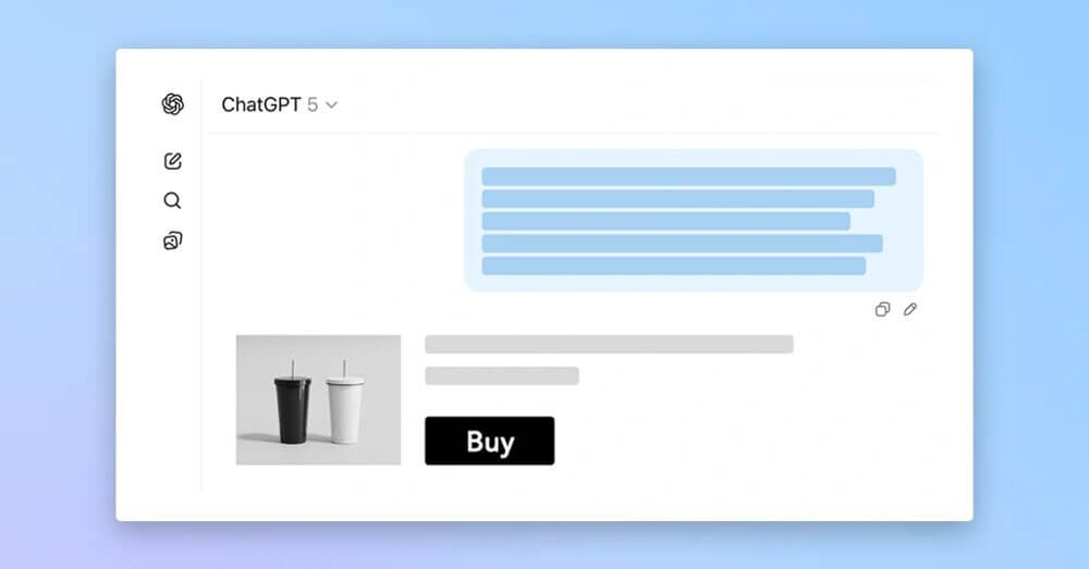 Interfaz de ChatGPT con opción de compra integrada, donde los agentes de ia en ecommerce muestran productos y permiten completar una transacción desde el chat.