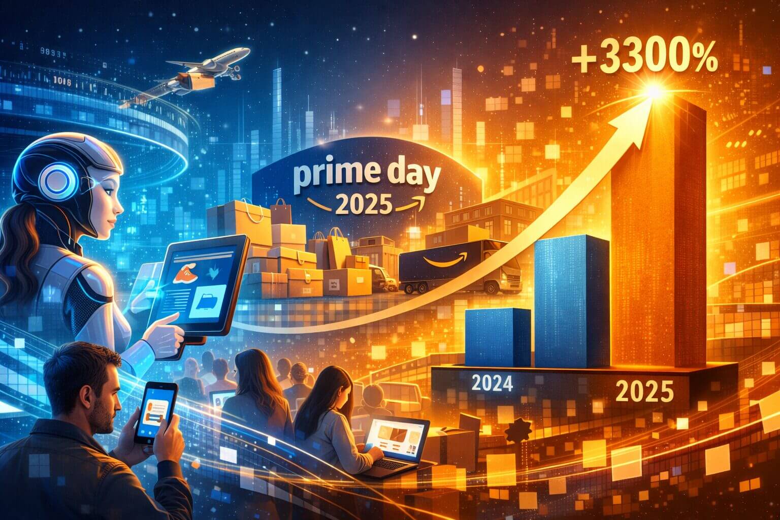 Visualización del impacto de los agentes de ia en ecommerce durante Prime Day 2025, con aumento del tráfico y compras automatizadas reflejado en un crecimiento del 3300%.