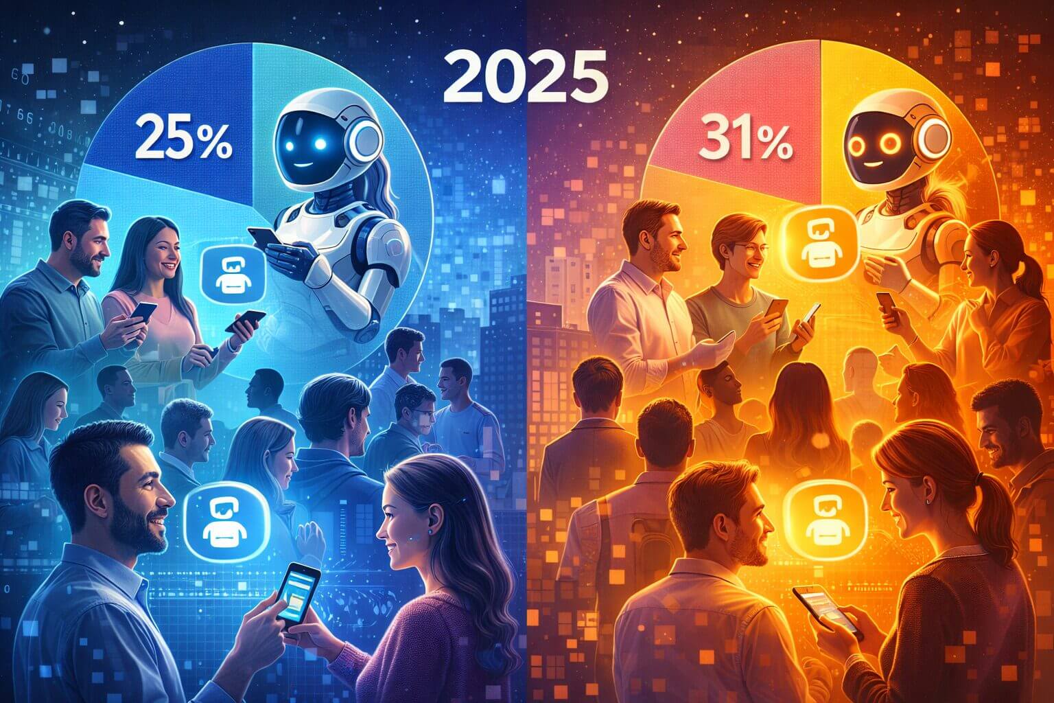 Comparación visual del uso de agentes de ia en ecommerce en 2025, con consumidores que delegan decisiones de compra en asistentes inteligentes, representado por tasas de adopción del 25% y 31%.