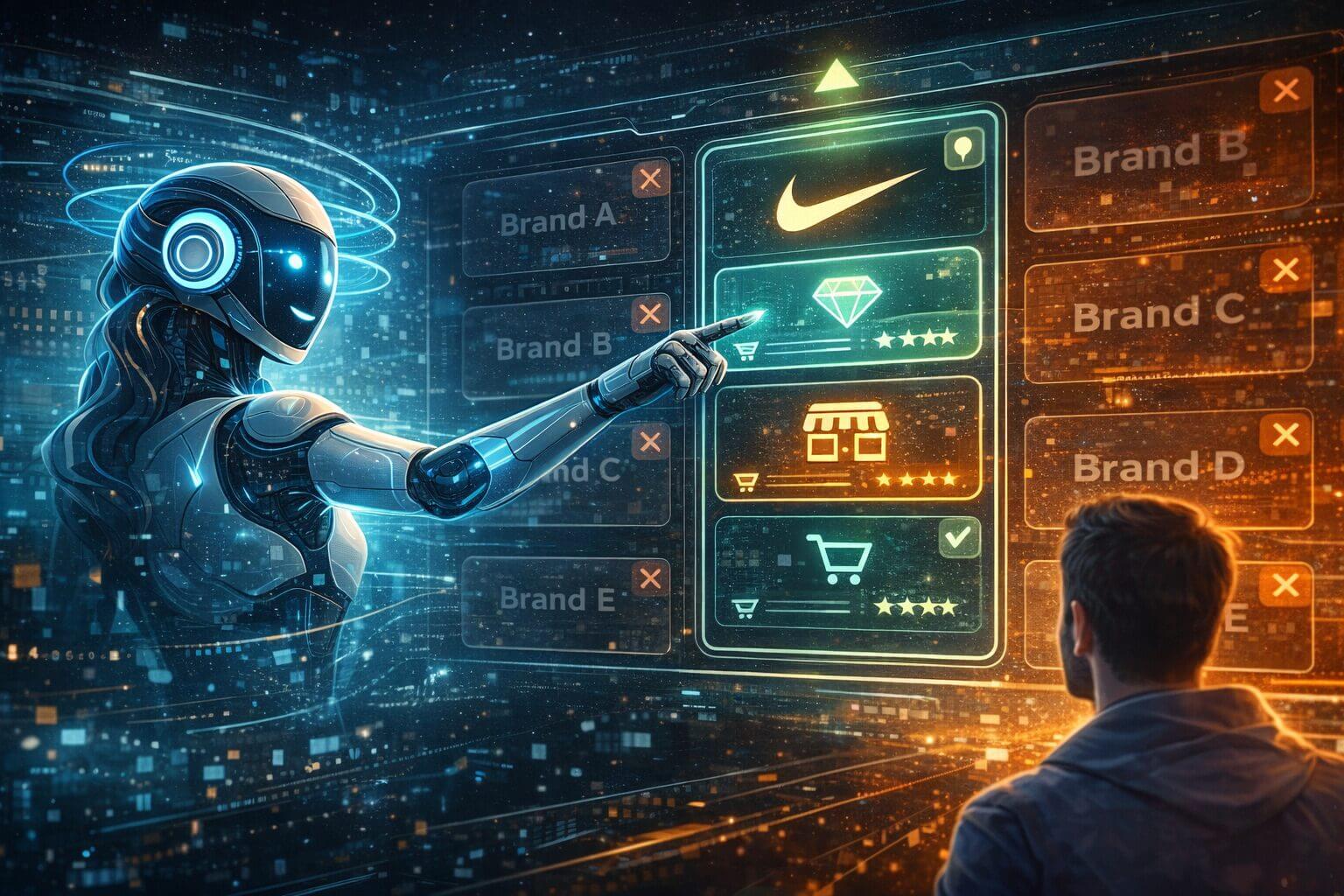 Agente de ia en ecommerce selecciona una marca frente a otras opciones descartadas, mientras un consumidor observa cómo el sistema prioriza productos según métricas objetivas.