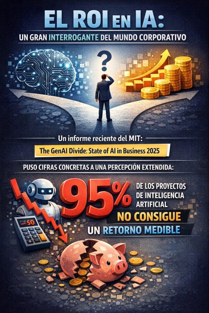 Infografía sobre el retorno de inversión en inteligencia artificial. Muestra a un ejecutivo frente a una disyuntiva entre un cerebro digital y una pila de monedas, junto al dato destacado de que el 95 % de los proyectos de IA no consigue un ROI medible, según un informe del MIT de 2025.