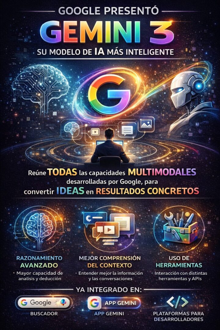 Infografía sobre Gemini 3, el nuevo modelo de inteligencia artificial de Google. Muestra un entorno tecnológico con el logo de Google y elementos visuales que representan capacidades multimodales, razonamiento avanzado, comprensión del contexto y uso de herramientas, junto a su integración en el Buscador, la app Gemini y plataformas para desarrolladores.