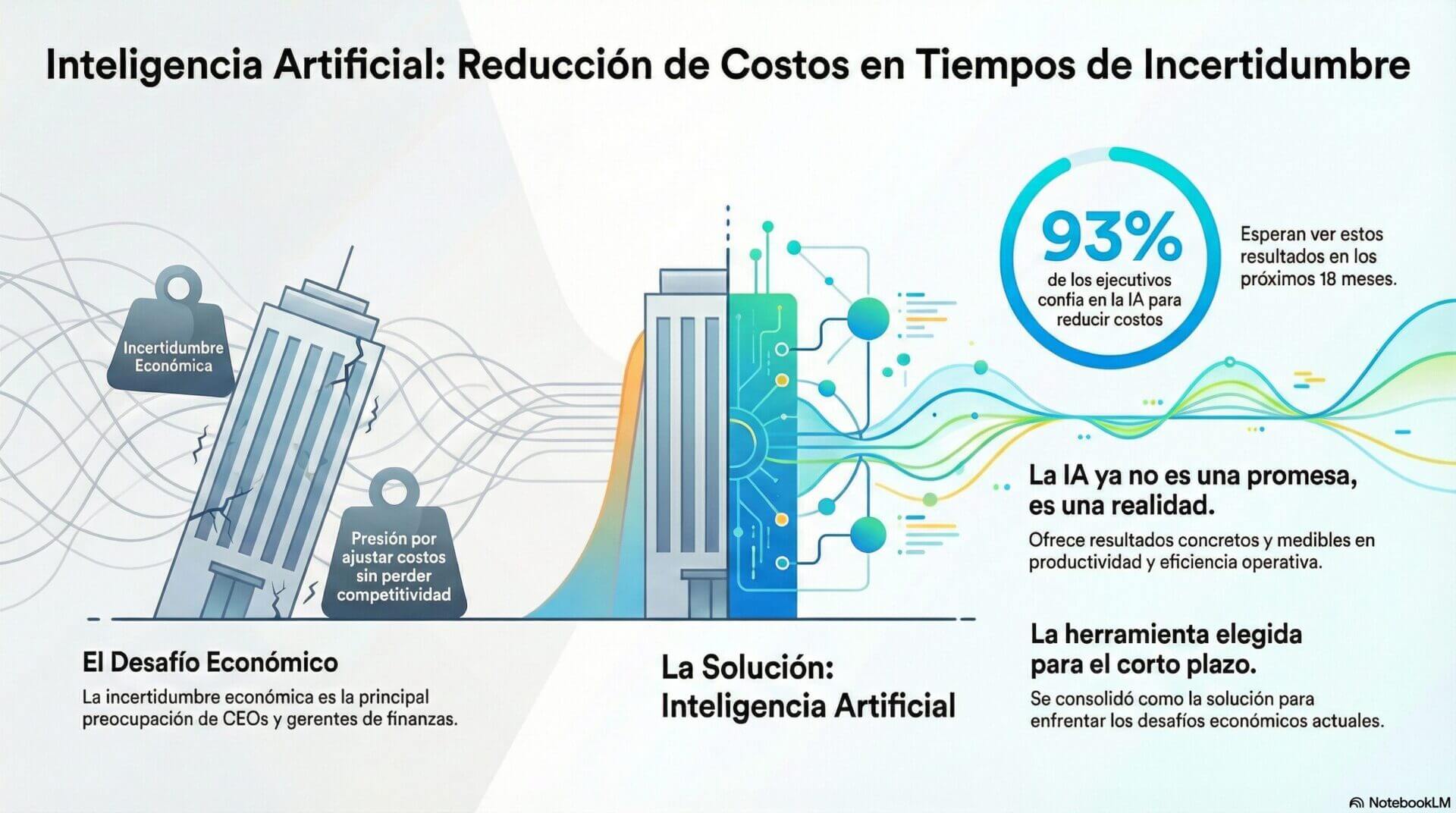 Una infografía que destaca el papel central de la inteligencia artificial en la agenda de los CEOs y gerentes de finanzas para enfrentar la incertidumbre económica. El gráfico muestra que el 93% de los líderes empresariales confía en la IA como herramienta para ajustar estructuras y ganar competitividad sin resignar resultados. Se enfatiza que este impacto ya es medible en áreas como la productividad, la eficiencia operativa y la toma de decisiones.