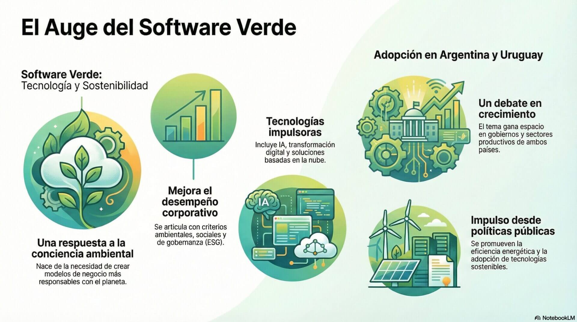 La imagen describe el rol de la gobernanza en la era del software verde, subrayando la importancia de la optimización de materiales y la reducción del consumo energético dentro de las organizaciones. Menciona que el éxito de estas prácticas depende de la capacitación en ética digital y de la implementación de soluciones digitales que cumplan con estándares de buen gobierno y objetivos climáticos.