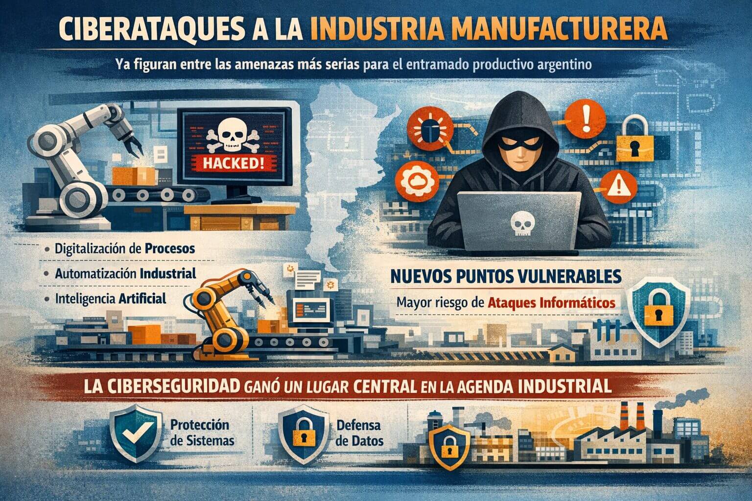 Infografía horizontal sobre ciberataques en la industria manufacturera argentina, con fábricas automatizadas, robots industriales, un hacker frente a una computadora y símbolos de seguridad digital, que representan los nuevos riesgos informáticos y la importancia de la ciberseguridad industrial.