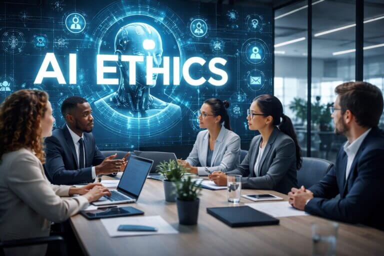 Reunión de un comité de ética en inteligencia artificial con directivos y especialistas que analizan riesgos, gobernanza y uso responsable de sistemas de IA en una organización.