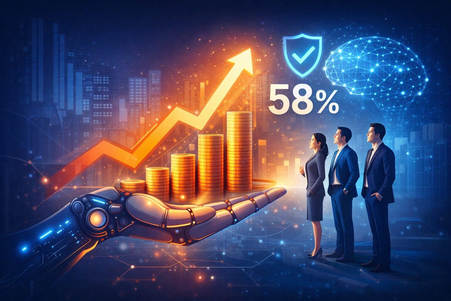 Representación visual del impacto del comité de ética en inteligencia artificial sobre el crecimiento del negocio, con indicadores de retorno de inversión, seguridad y confianza en sistemas de IA.