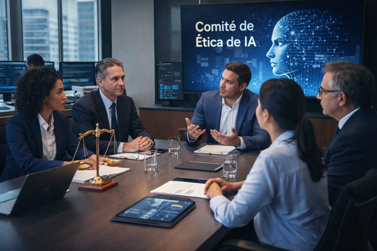 Comité de ética en inteligencia artificial integrado por directivos y especialistas que evalúan riesgos, cumplimiento normativo y uso responsable de sistemas de IA en una empresa.