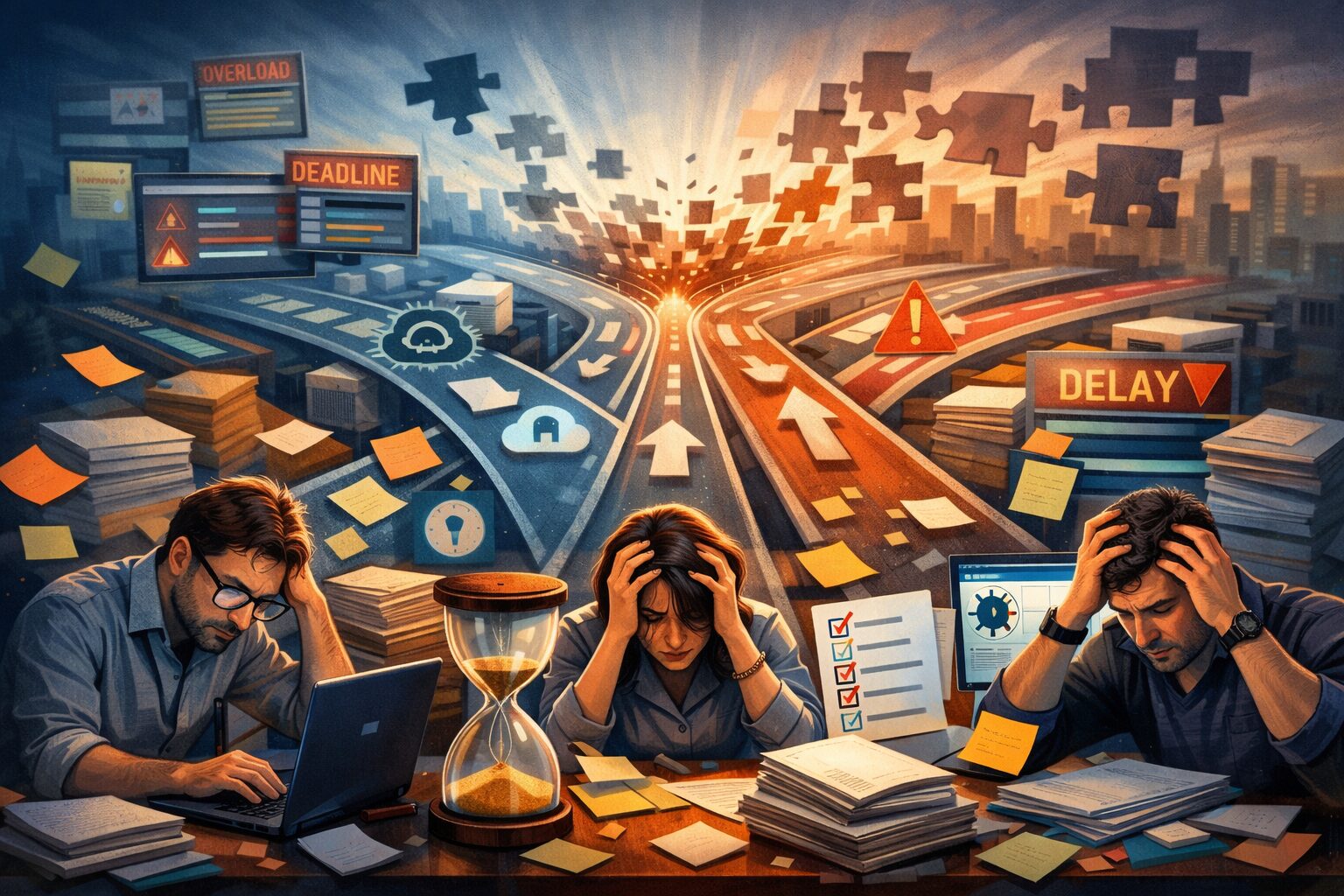 Equipos de IT bajo presión por exceso de proyectos simultáneos dentro del IT Portfolio Management, con señales de retrasos, sobrecarga operativa y prioridades en conflicto.