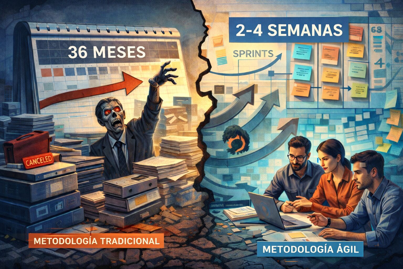 Comparación visual entre metodología tradicional y Agile en IT Portfolio Management, con proyectos largos de 36 meses frente a sprints de 2 a 4 semanas y equipos enfocados en valor.
