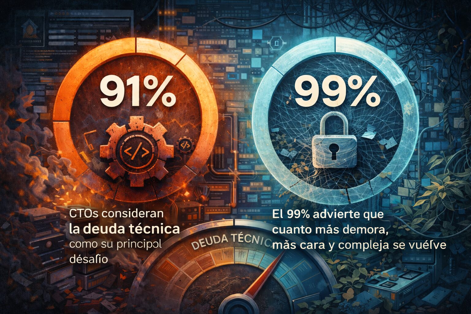 Visualización de métricas sobre deuda técnica en IT Portfolio Management, con indicadores que muestran que el 91% de los CTO la considera su principal desafío y que el 99% advierte su crecimiento con el tiempo.