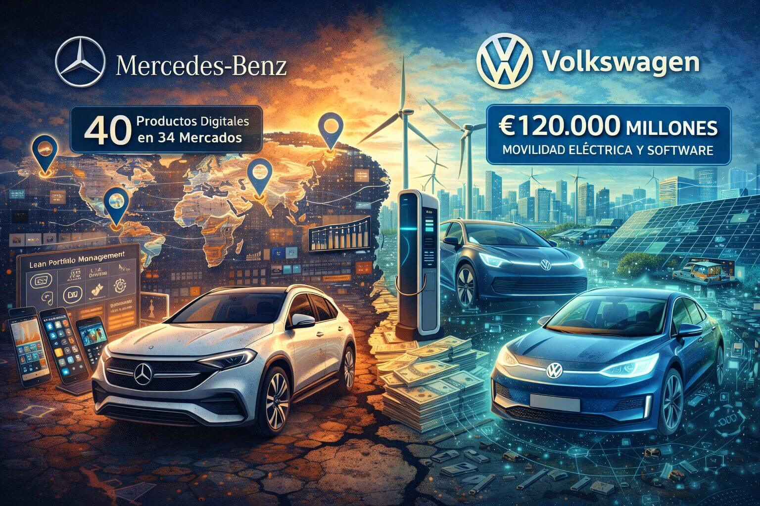 Comparación visual de casos de IT Portfolio Management en Mercedes-Benz y Volkswagen, con priorización de productos digitales, inversión estratégica en software y movilidad eléctrica a gran escala.