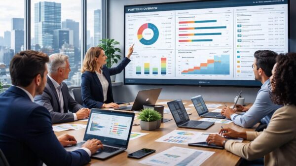 Equipo directivo analiza un tablero de IT Portfolio Management con métricas de inversión, priorización de proyectos tecnológicos y alineación estratégica en una sala de reuniones corporativa.