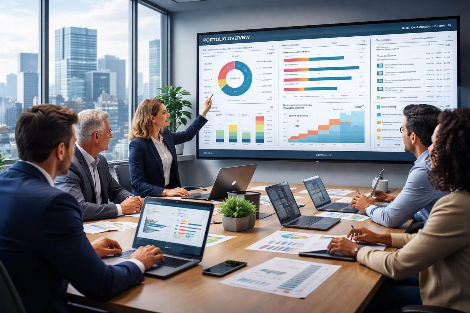 Equipo directivo analiza un tablero de IT Portfolio Management con métricas de inversión, priorización de proyectos tecnológicos y alineación estratégica en una sala de reuniones corporativa.