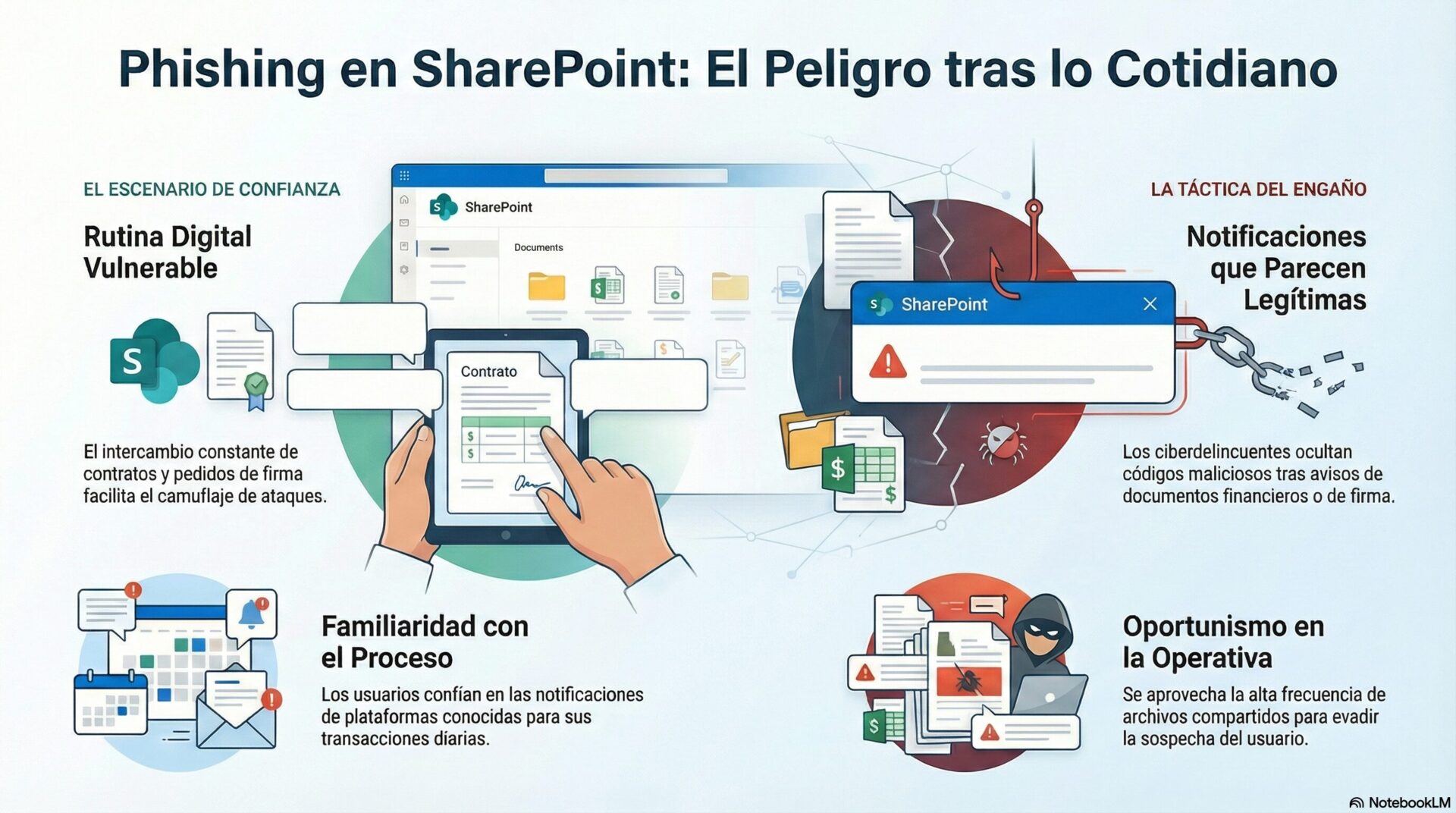 Infografía que detalla cómo los ciberdelincuentes aprovechan el intercambio habitual de archivos y firmas en plataformas digitales para ocultar ataques de phishing tras notificaciones de contratos y documentos financieros aparentemente legítimos.