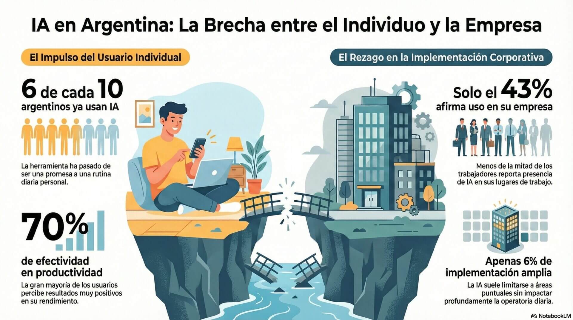 Una infografía que detalla el porcentaje de adopción de IA en Argentina por procesos laborales. Los datos muestran que el 40% se concentra en marketing y comunicación, el 31% en análisis de datos, el 30% en atención al cliente y el 27% en desarrollo de productos. Además, se mencionan áreas como administración, logística, finanzas y recursos humanos con bajos niveles de automatización, representando un margen significativo para el avance tecnológico debido a su carga de tareas repetitivas.
