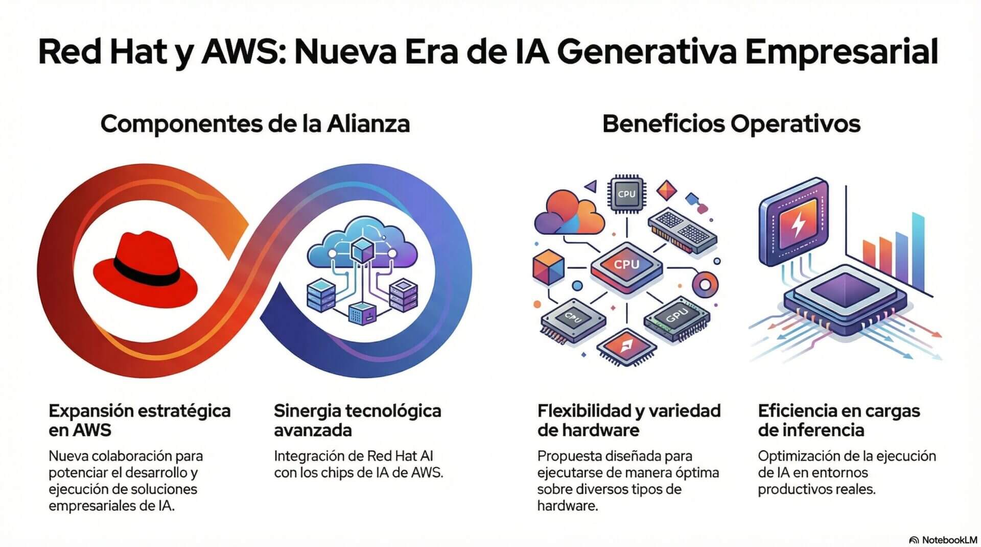 Infografía sobre la integración de Red Hat AI Inference Server con chips de IA de AWS. Explica cómo la tecnología vLLM y el hardware especializado de Amazon permiten escalar aplicaciones de IA generativa con mayor rendimiento económico y menor latencia.